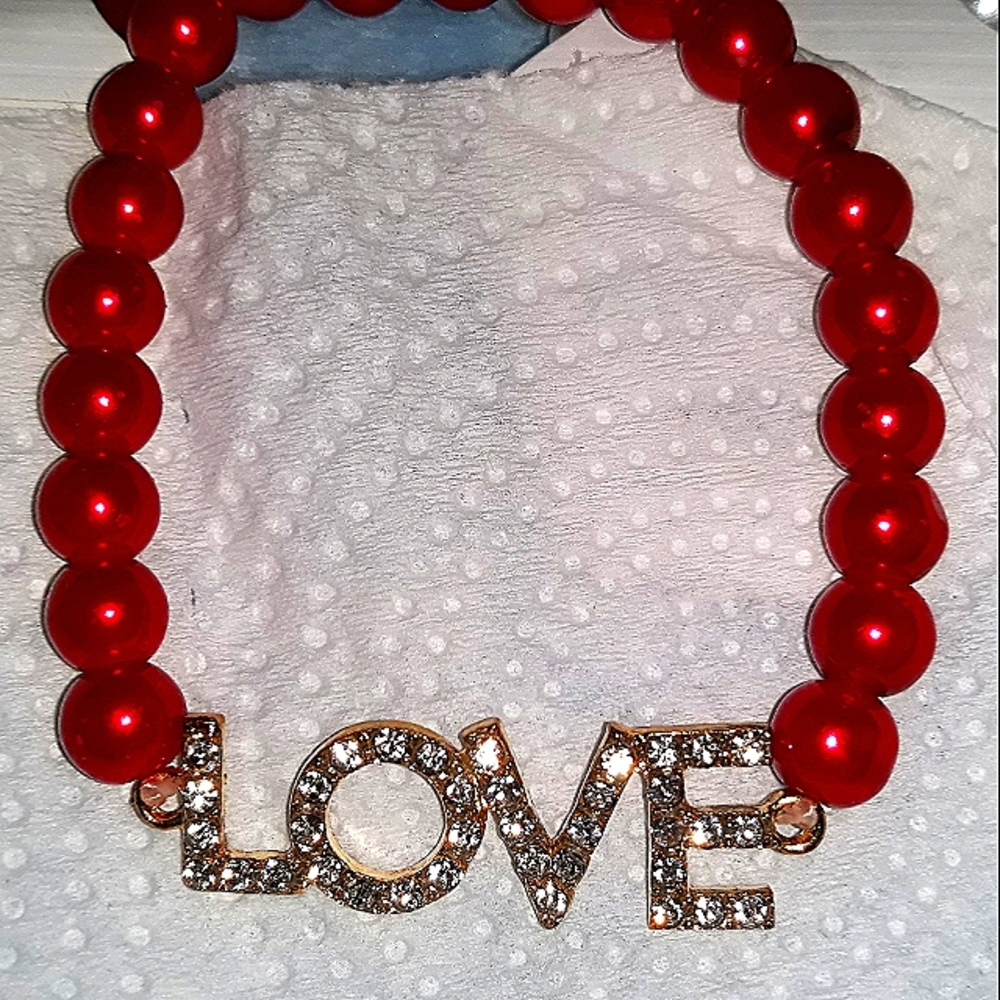 Red Pearl Bracelet with Silver Crystal Rhinestone "Love" Charm Adjustable